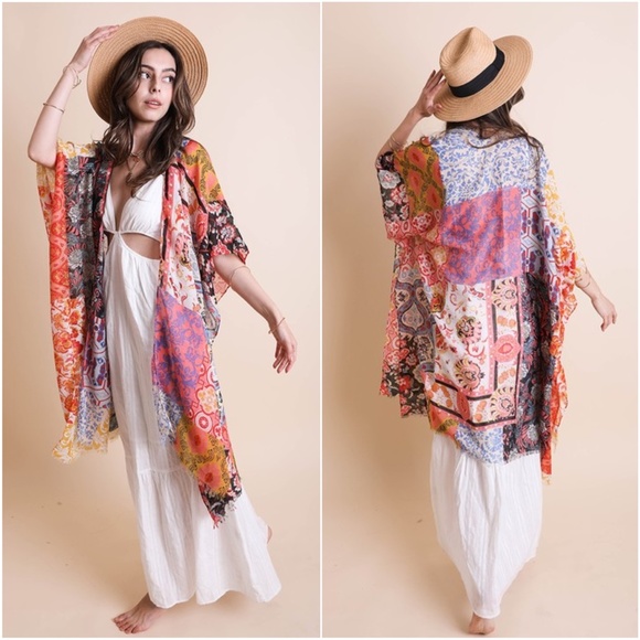 Bohemian Floral Patch Light Kimono Beach cover up - Picture 2 of 2
